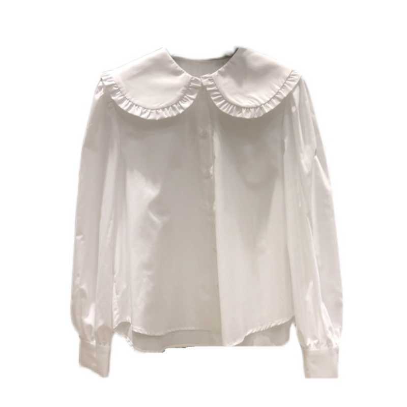 Spring Style Solid Lace Peter Pan Collar Button All Match Loose Full Shirt Blouse Women 210615