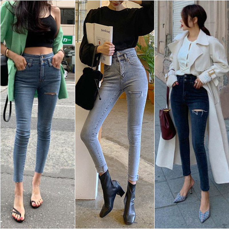 Women Denim Jeans Autumn Fit High Waist Stretched Elastic Femme Fringe Hem Skinny Female Trousers 10395 210518