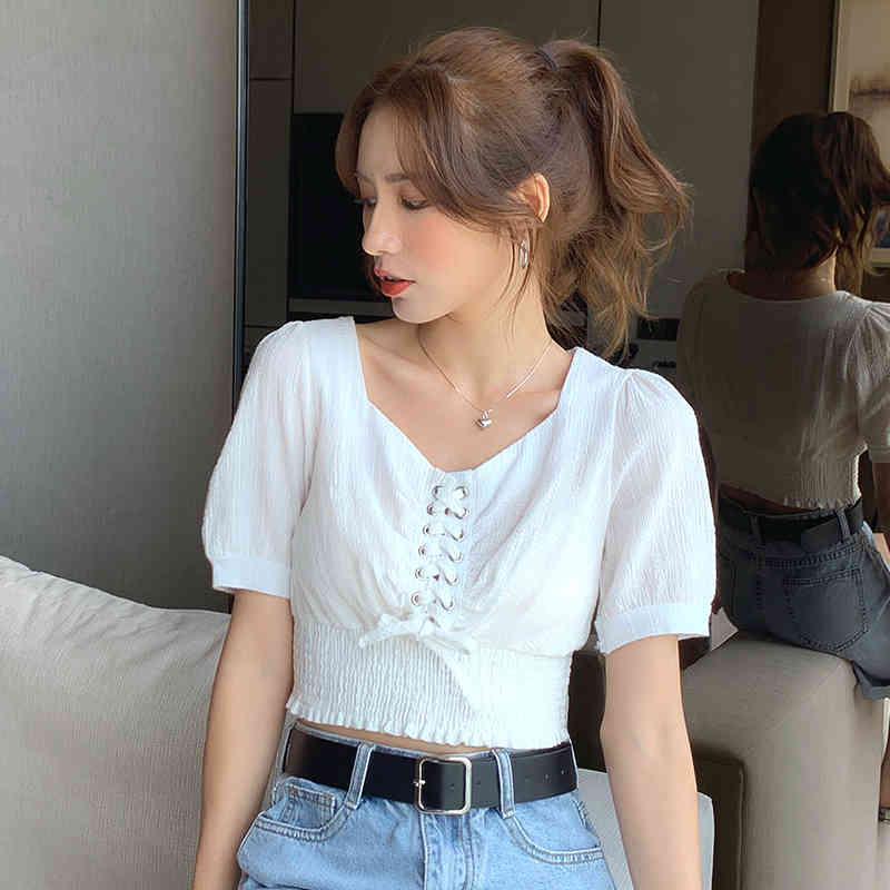 Korean Puff Sleeve Woemn Blouses Solid Short Women Tops Blusas Mujer De Moda Summer White Shirts 10155 210506