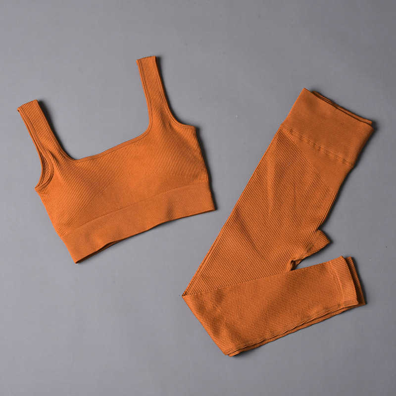 4PCS U Collar Seamless Sport Set Women Brown 4 Piece Crop top Bra Leggings Yoga Sportsuit Workout Outfit Fitness Gym Clothes 210813