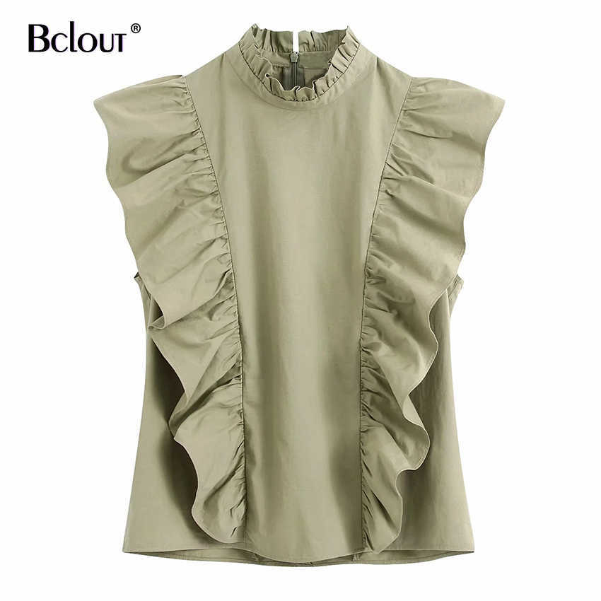 Summer Sleeveless Green Shirt Women Fashion Office Blouses Woman Ruffled Button Down Shirts Top Female Casual Ladies Tops T200720