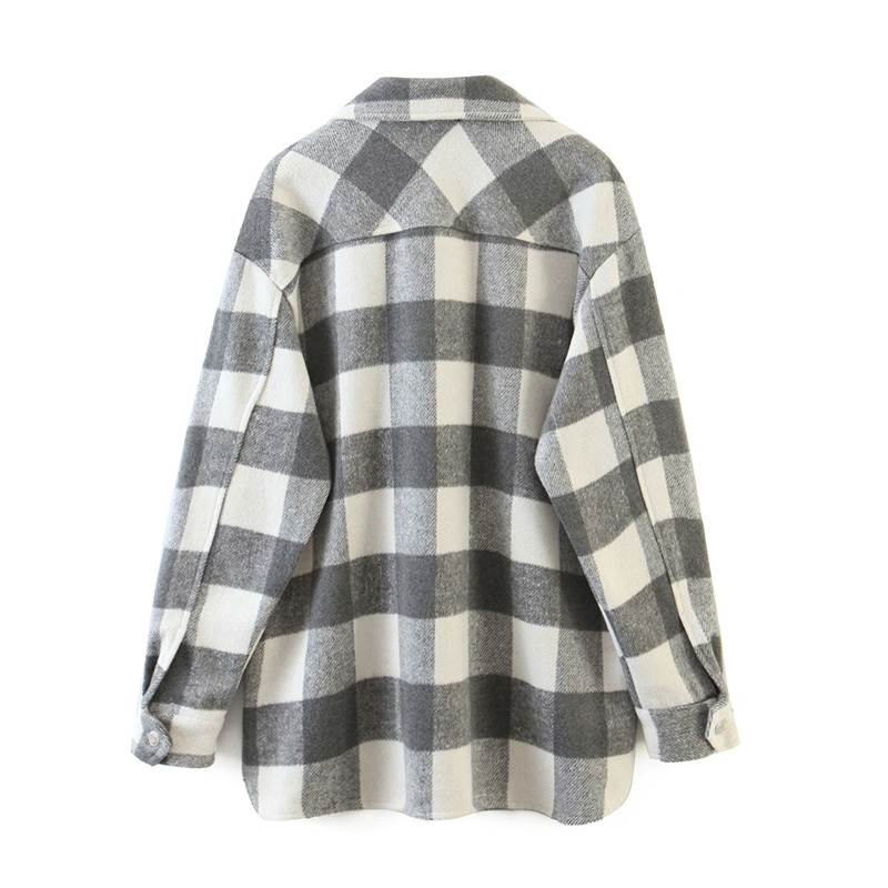 Women Vintage Tweed Plaid Shirt Jacket Long Sleeve Single Breasted Coat With Pockets Turn Down Collar Ladies Jackets 210515