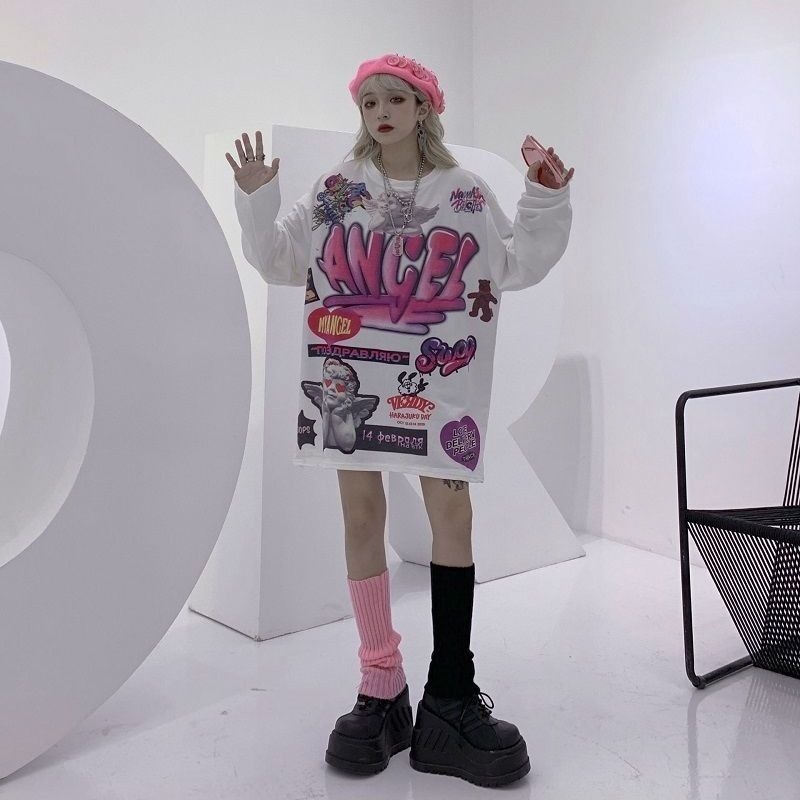 QWEEK Y2k Aesthetic Woman Tshirts Angel Print Tops Long Sleeve Harajuku Femme T-shirts Fashion Streetwear Women Clothing 210406