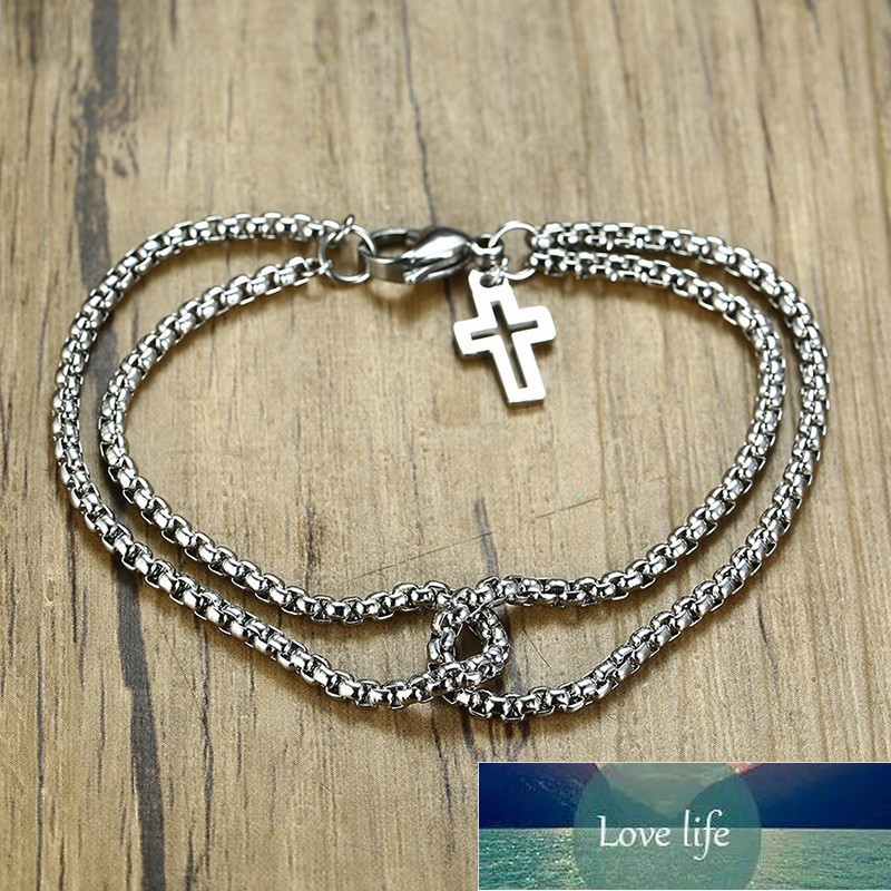 Double Strand Rolo Chain with Cross Charms Bracelet for Men Stainless Steel Lobster Claw Clasp Closure