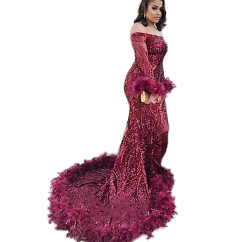 Aso Ebi Sparkly Wine Sequin Feather Hem Prom Dresses Off The Shoulder Long Sleeve Black Girls Evening Gowns Burgundy Glitter Mermaid Special Occasion 