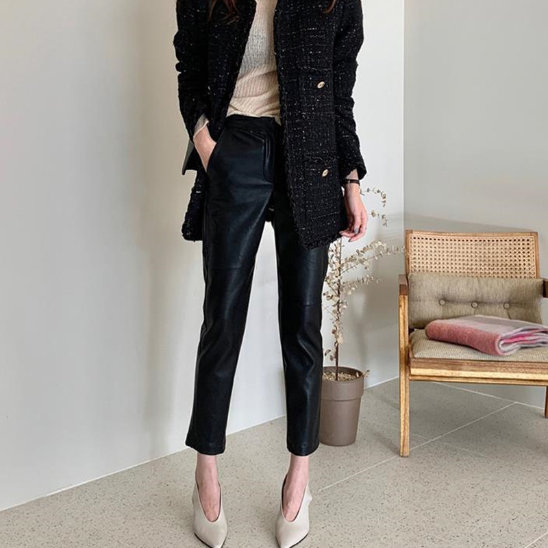 Autumn Winter Elegant High Waist Pencil Pants Women Bottoms OL Wear Thick Plus Velvet Pu Leather Solid Trousers 210421