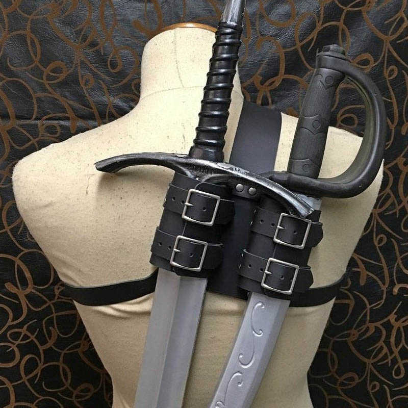 Medieval Witcher Double Back Scabbard For Sword Cutlass Holder Viking Pirate Warrior Leather Sheath Holster Cosplay Larp Costume Y0913