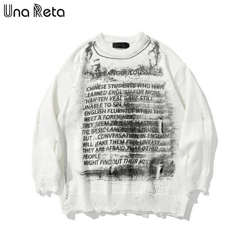 Una Reta Sweater Men Print Streetwear Men Clothes Long Sleeve Pullover Men Pull Homme Loose Hole Couple Sweater 211008