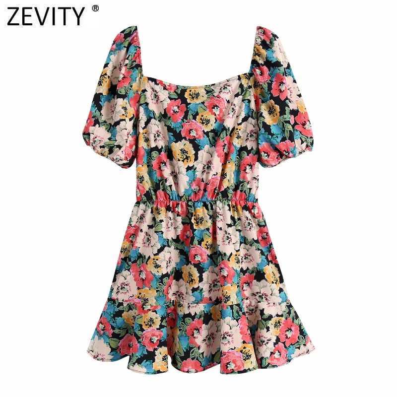 Zevity Women Vintage V Neck Puff Sleeve Elastic Waist Shirt Dress Female Chic Floral Print Casual Hem Ruffle Mini Vestido DS8275 210603