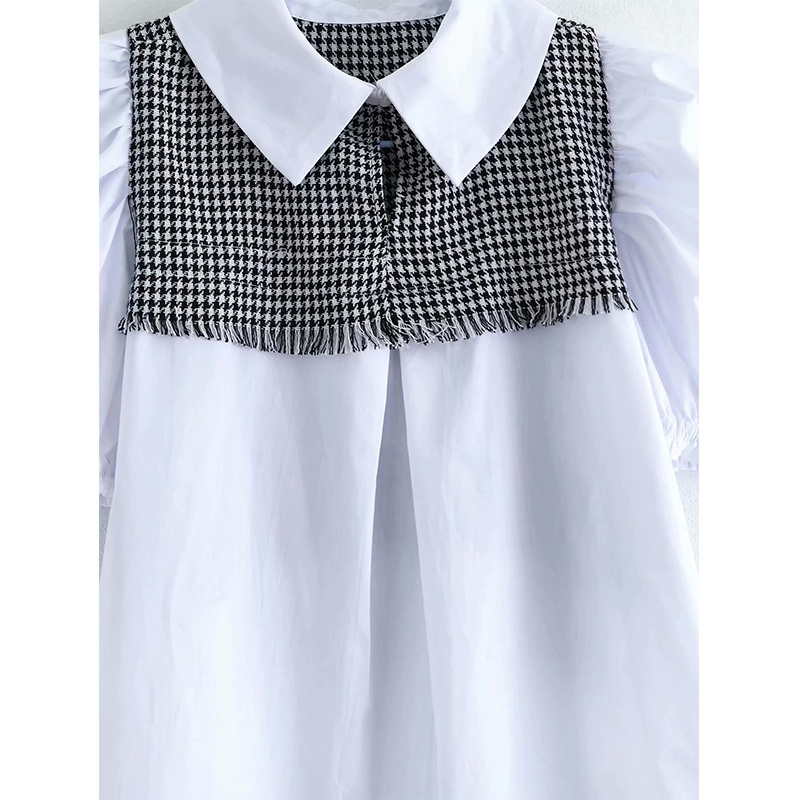 Spring Women Patchwork Tops Plaid Short Puff Sleeves Turn-Down Collar Shirt Chic Lady Fashion Casual Clothes 210517