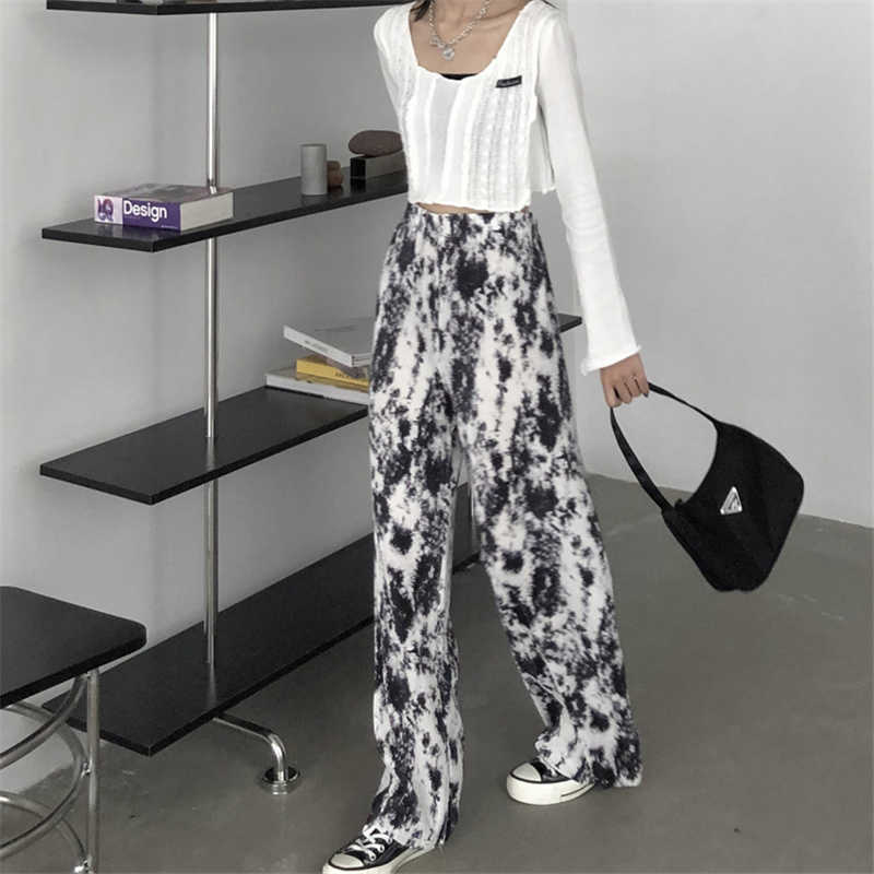 Qooth Pleated Printed Wide Leg Pant's Summer High Waist Casual Retro Thin Straight Long Elastic QT662 210609