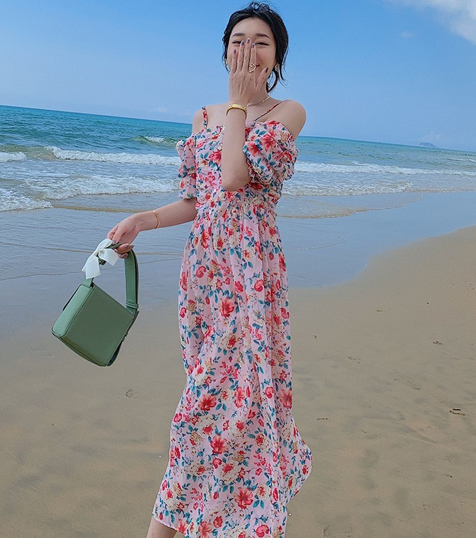 Summer Women Fashion Floral Print Spaghetti Strap Chiffon Dress Sexy Off Shoulder Beach Boho Long 210519