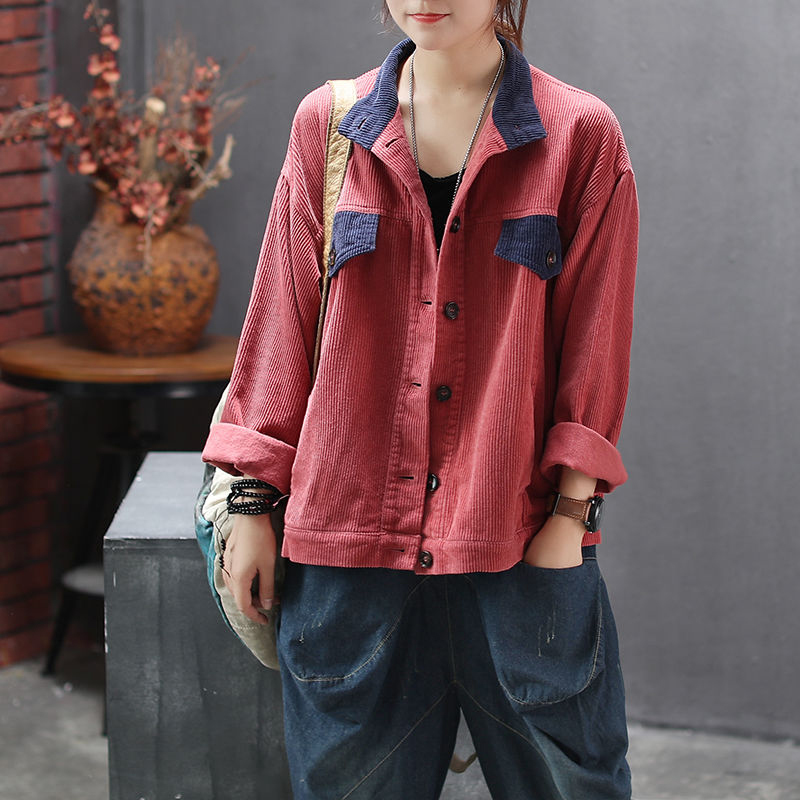 Autumn Arts Style Women Loose Coat Patchwork Retro Corduroy Jackets All-matched Casual Stand Collar Coats Ladies Clothes D407 210512