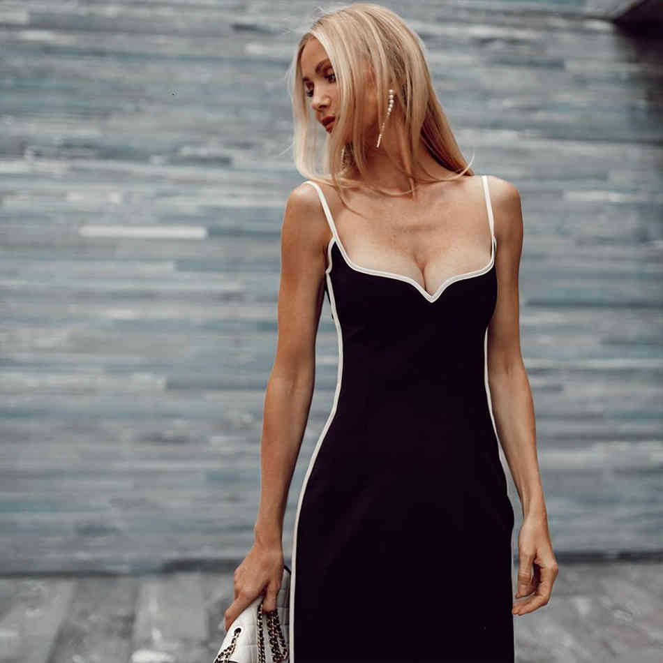 Summer Women Spaghetti Strap V Neck Bandage Dress Sexy Sleeveless Black Bodycon Club Celebrity Runway Party 210423