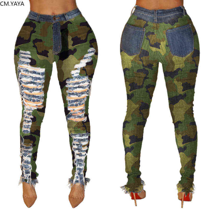 Autumn Winter Female Denim Pants Women Skinny Hole Spliced Camouflage Print Jeans Sexy pencil Bandage Trousers HSF2096 211129