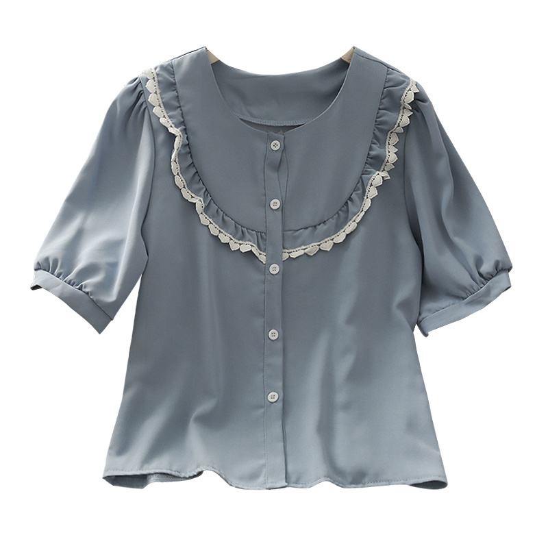 Kimutomo Chic Fungus Blouse Women Summer Color Matching Clothing Female O-neck Short Sleeve Single-breasted Top Casual 210521