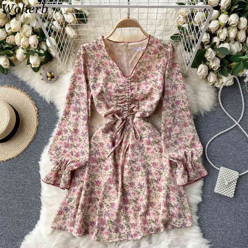 Floral Dress Woman Spring Robe Drawstring Pleated Slim Vestidos Mujer V-neck Sweet Vintage Dresses Women Clothing 210422