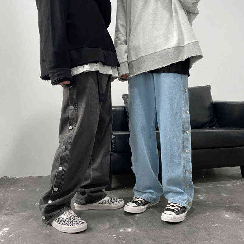 Double Side Button Straight Jeans Men Fashion Streetwear Loose Casual Hip Hop Trousers Wide Leg Harajuku Cargo Pants 211111