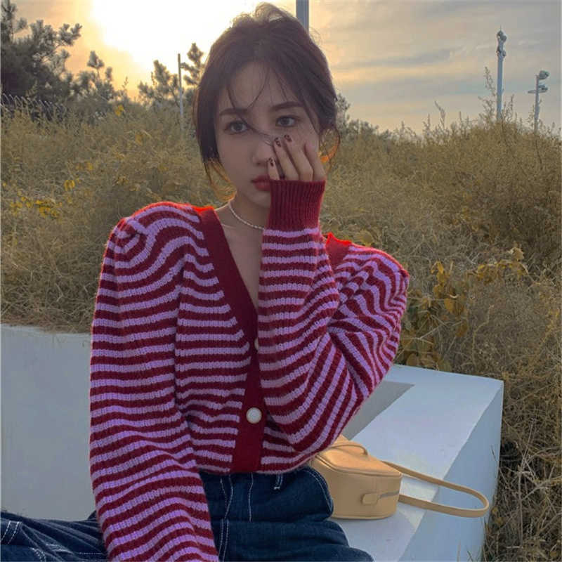 Korean Stripe Cardigan Sweater Causal Puff Long Sleeve V-neck Women Knitted Coat Spring Knitwear Tops 6F113 210603