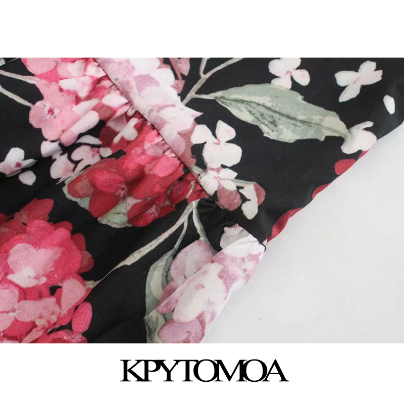 Women Chic Fashion Floral Print Pleated Midi Dress V Neck Puff Sleeve Female Dresses Vestidos Mujer 210420