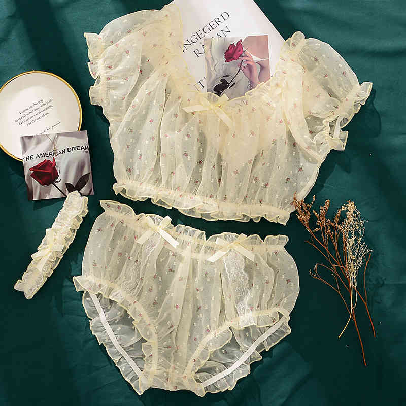 Women Gauze Printed Flower Ruffles Kawaii Lingerie Home Clothes Sexy Pajamas Bra Short Sleeve Tops Shorts Lingerie Set for 210330