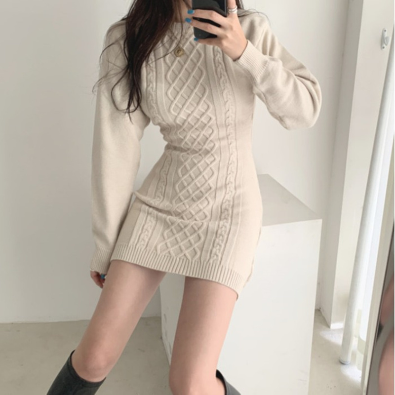 Comelsexy Autumn Winter Women Knitted Wrap Dress Vintage Sheath Dress Long Sleeve O-Neck Sexy Backless Sweater Dress 210515