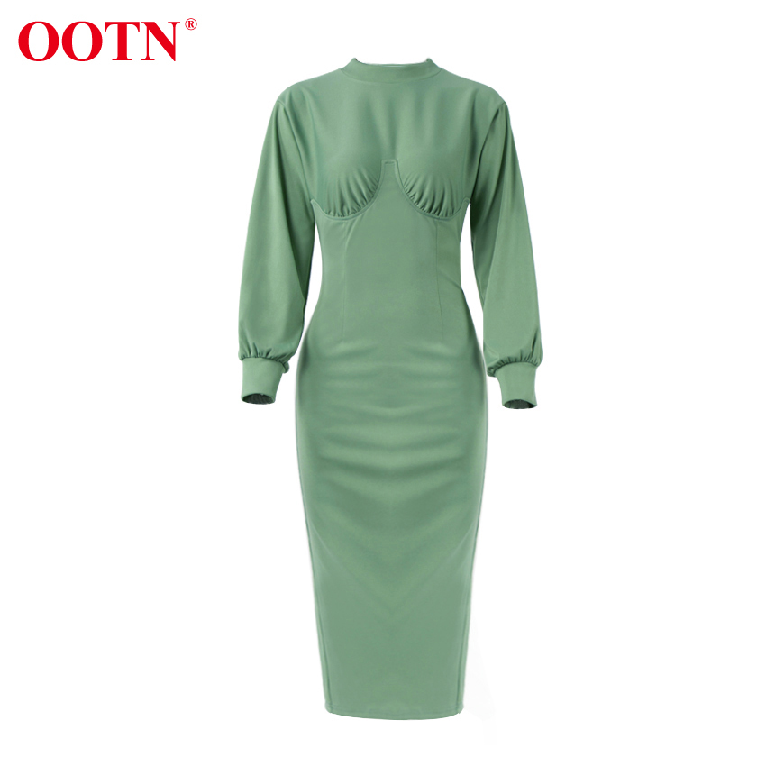 OOTN Turtleneck Winter Women Dress Elegant Autumn Midi Dress Long Sleeve Green High Waist Solid Casual Ladies Dresses Tunic 210409