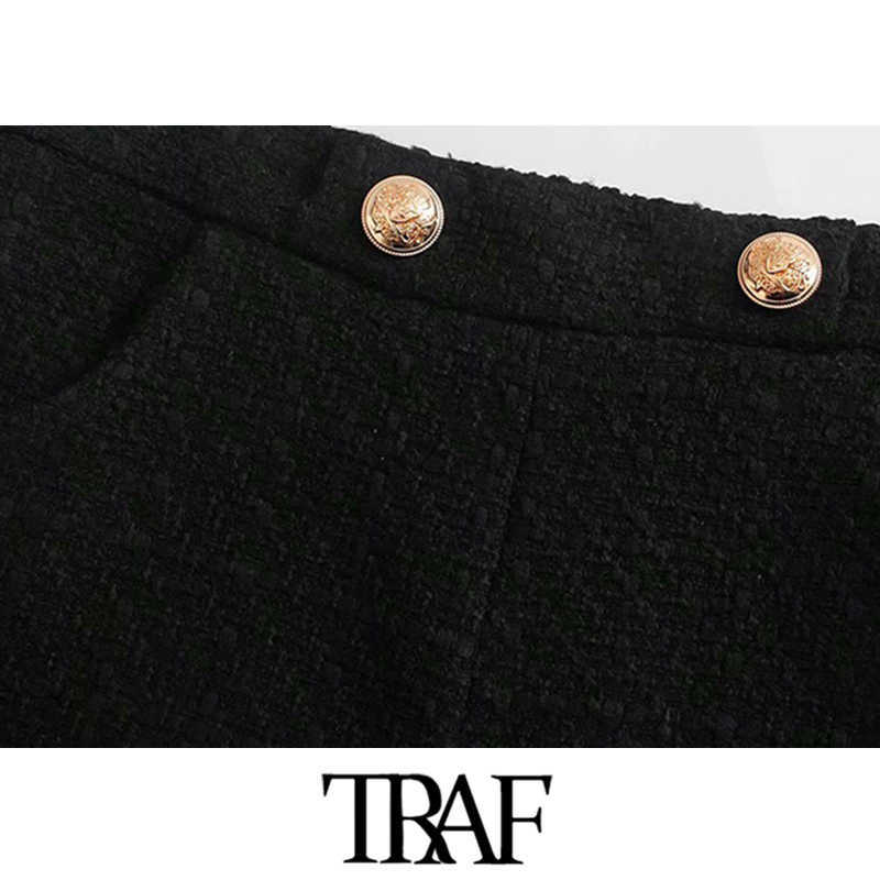 TRAF Women Chic Fashion Side Pockets Buttons Tweed Bermudas Shorts Vintage High Waist Back Zipper Female Short Femme 210611