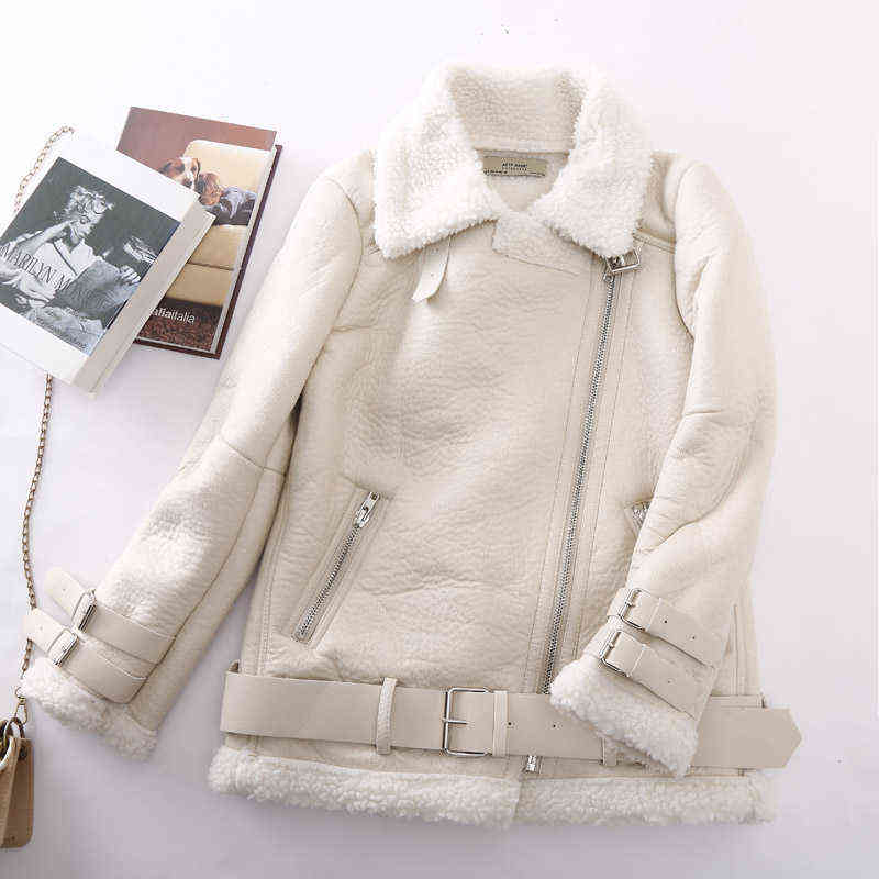 Aibeauty Lamb Fur Belt Women's Coat Female Tops Thicken Warm Motorcycle Lapel Long Sleeve Women Jacket 211130