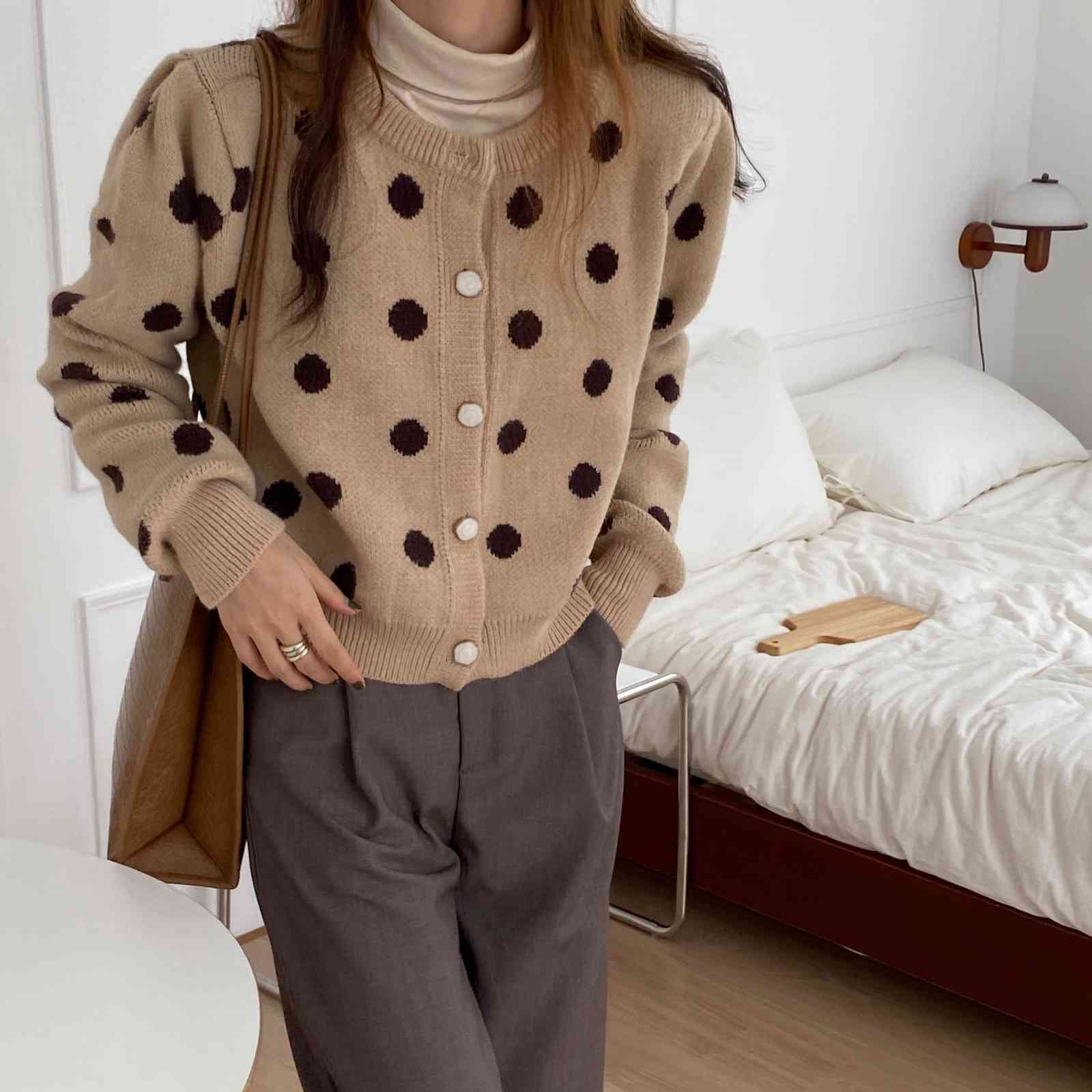 OL Outwear Tops Loose Dot Print Sweater Women Autumn Winter Elegant Long Sleeve Knitted Cardigan Female Sweaters 210421