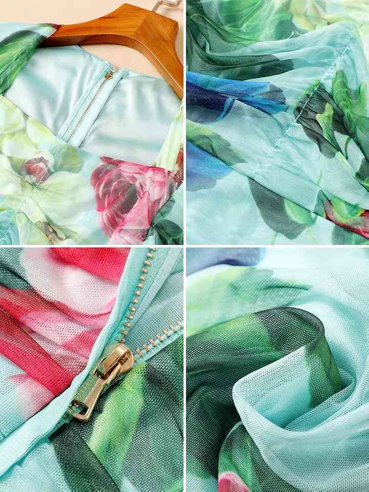 vintage sexy slim bodycon rose flower printed square collar midi dresses for party dinner night mesh floral vestidos robe 210421