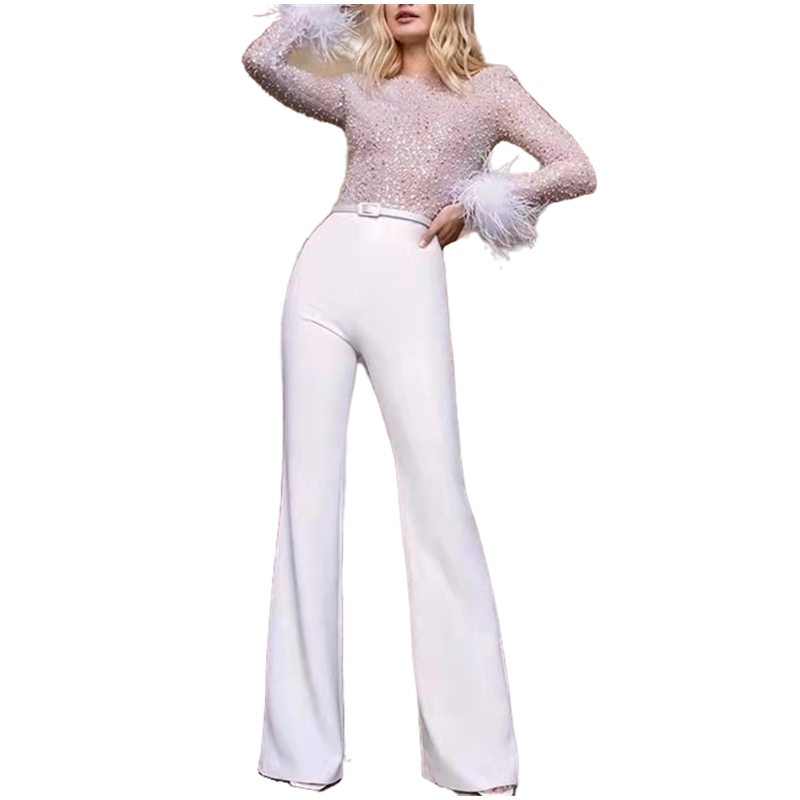 2022 Elegant Women Jumpsuits Formal Evening Dresses Feather Long Sleeves Sequins Pearls Beaded Special Occasion Gowns Prom Party Dress Pants Suit