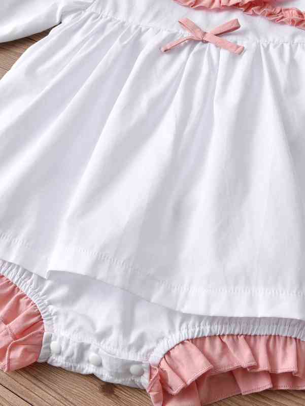 Baby Frill Trim Bow Front Combo Bodysuit Dress With Hat SHE