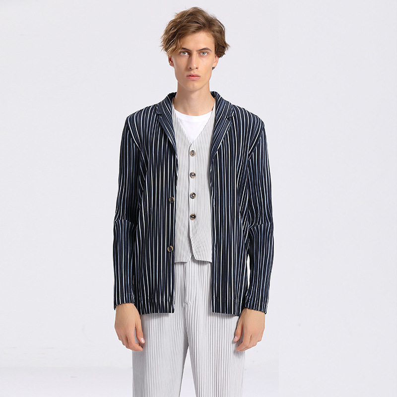 IEFB Men's Business Casual Men's Striped Pleated Blazer Loose Notched Collar Suit Coat Men's Professional Wear 9Y6724 210524