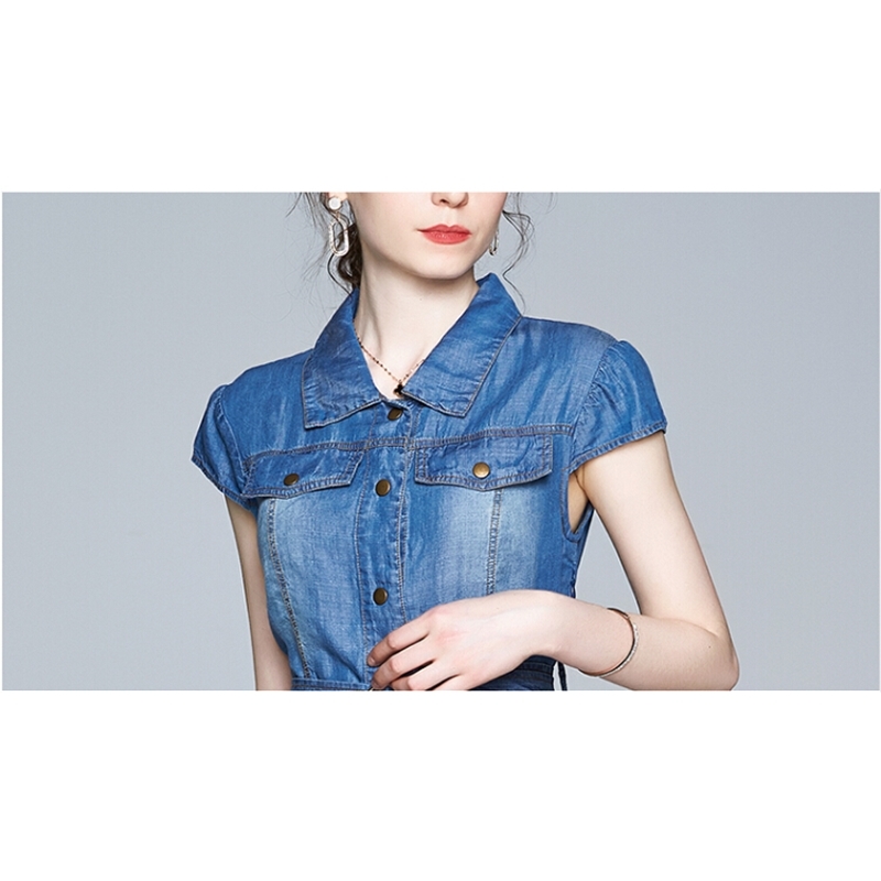 Fashion Women Summer Elegant Denim Dress High Quality Vintage Chiffon Print Runway Dresses Vestidos 210520