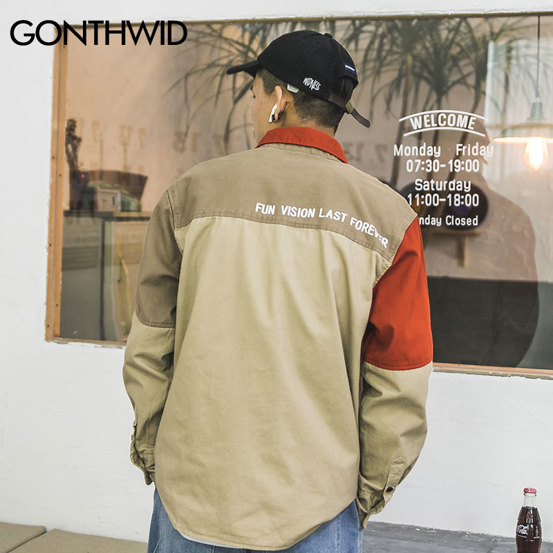 GONTHWID Color Block Patchwork Long Sleeve Dress Shirts Harajuku Casual Button Down Shirt Men Fashion Hip Hop Streetwear Tops 210410