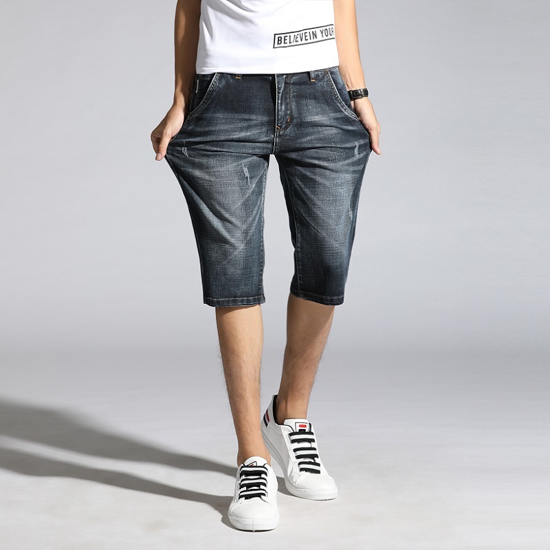 Men Clothes Men's Shorts Knee Length Breeches Capris Male Denim Shorts Men Stretch Shorts Jeans Bermuda Black Grey Blue 210518