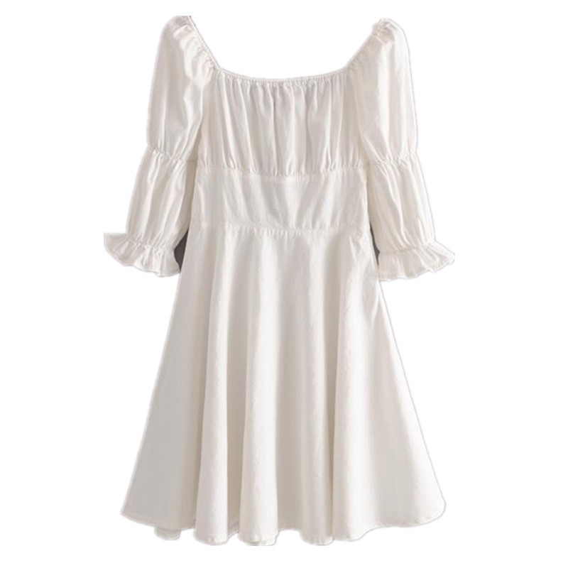 Cotton Elastic Square Collar Long Sheep Leg Sleeve Dress French Elegant Women Slim fit Swing A line White Dresses Vestido 210429