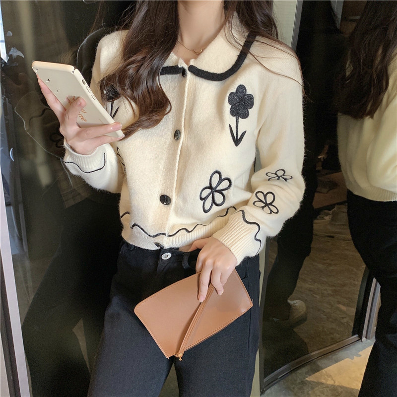 Nomikuma Autumn New Short Knitted Cardigan Jacket Korean Floral Long Sleeve Turn Down Collar Women Sweater Coat 6B999 210427