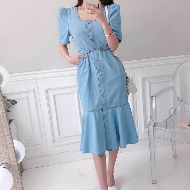 Summer Denim Dress Women Chic Single-breasted Puff Sleeve High Waist Slim Mermaid Femme 210519, Blue
Summer Denim Dress Women Chic Single-breasted Puff Sleeve High Waist Slim Mermaid Femme 210519, Blue