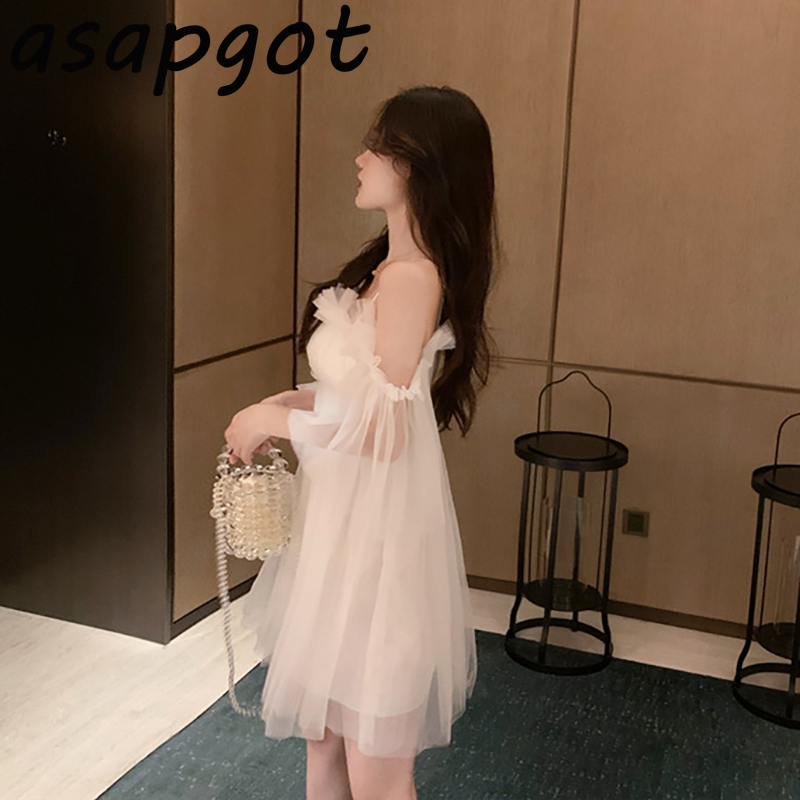 Dresses Summer Sweet Girls Chic Korean Off The Shoulder Pink Mesh Dress Women Slash Neck Short Sleeve Strap Vestido Feminino 210429