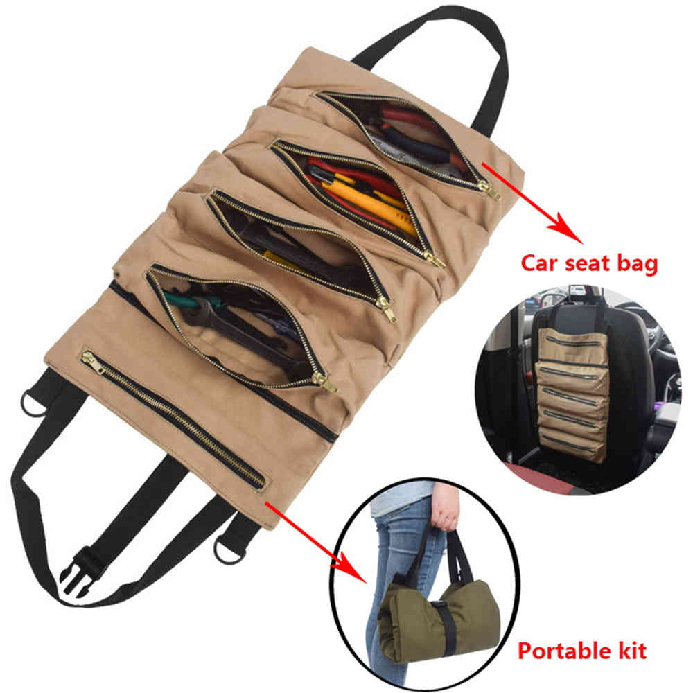 Tool Storage Bags Portable Canvas Handbag Car Seat Back Carrier Organizer Multi-Function Roll Up Tools Pouch Outdoor Accessories