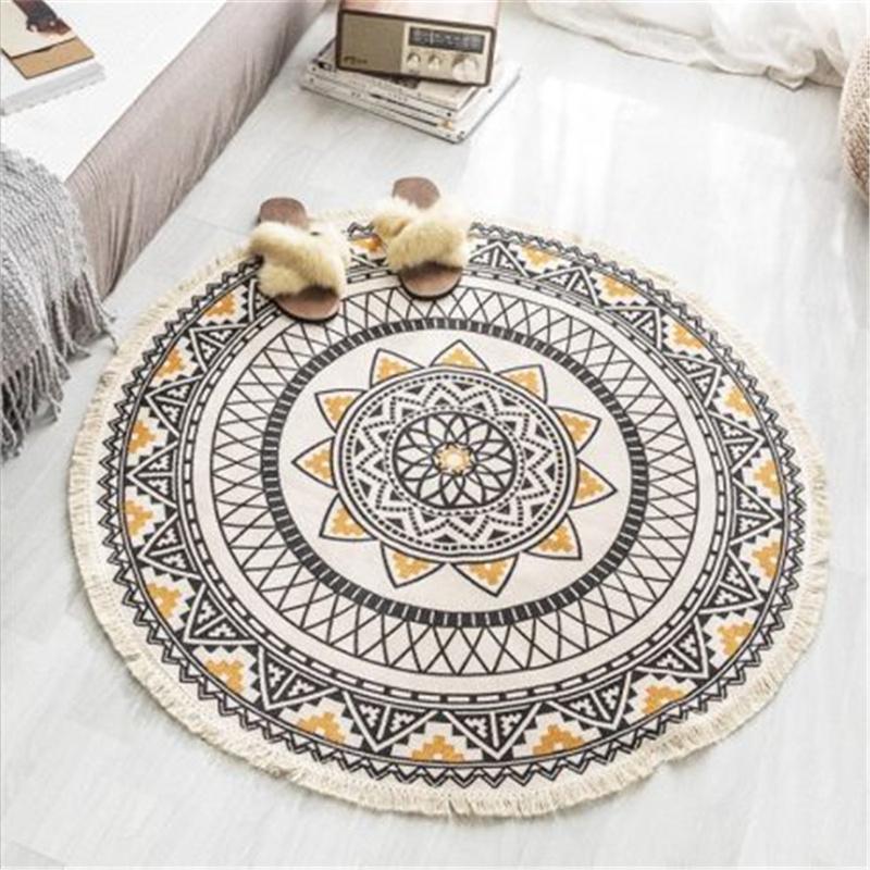 Bohemia Round Carpets Ethnic Tassel Yellow Mandala Carpet Living Room Cotton Linen Big Rugs Modern Classic 90/120cm Mats Decor