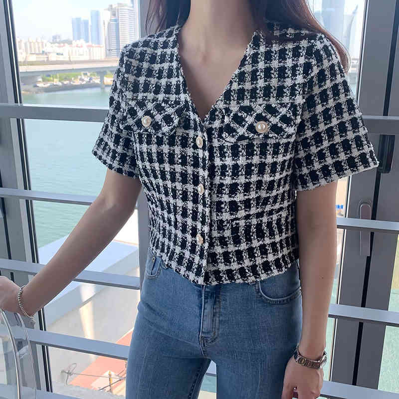 Tweed Korean Vintage Women Coat Summer Short Sleeve V-neck Single Breasted Pockets Ladies Fashion Jacket Tops Femme 210519