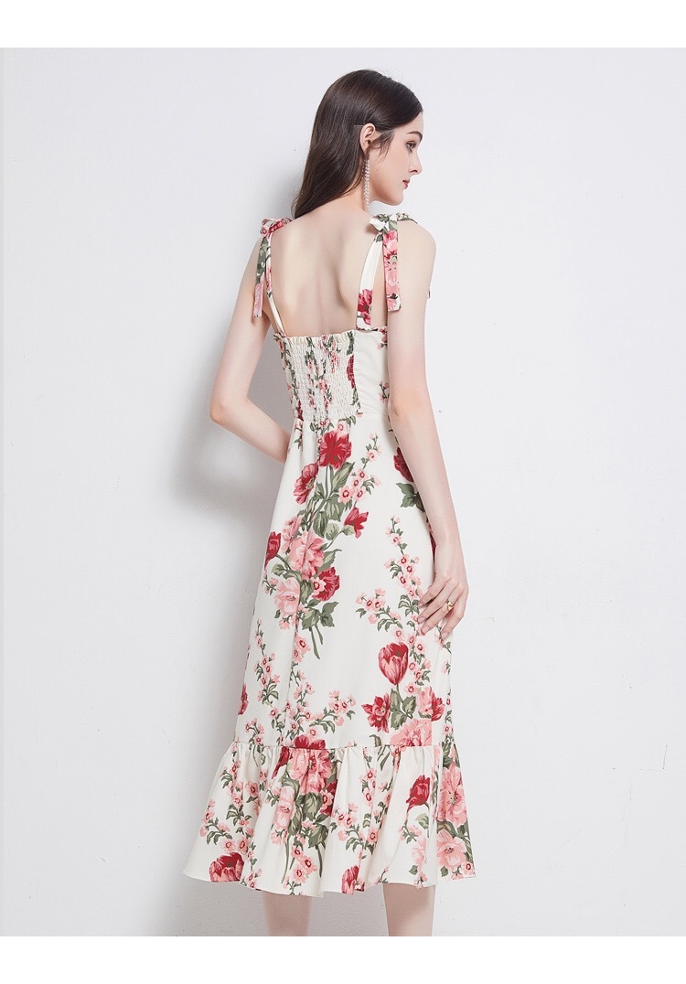 spaghetti strap midi dress ruched summer casual flower printed holiday floral kleid camisole plus size túnicas mujer 2XL 210421