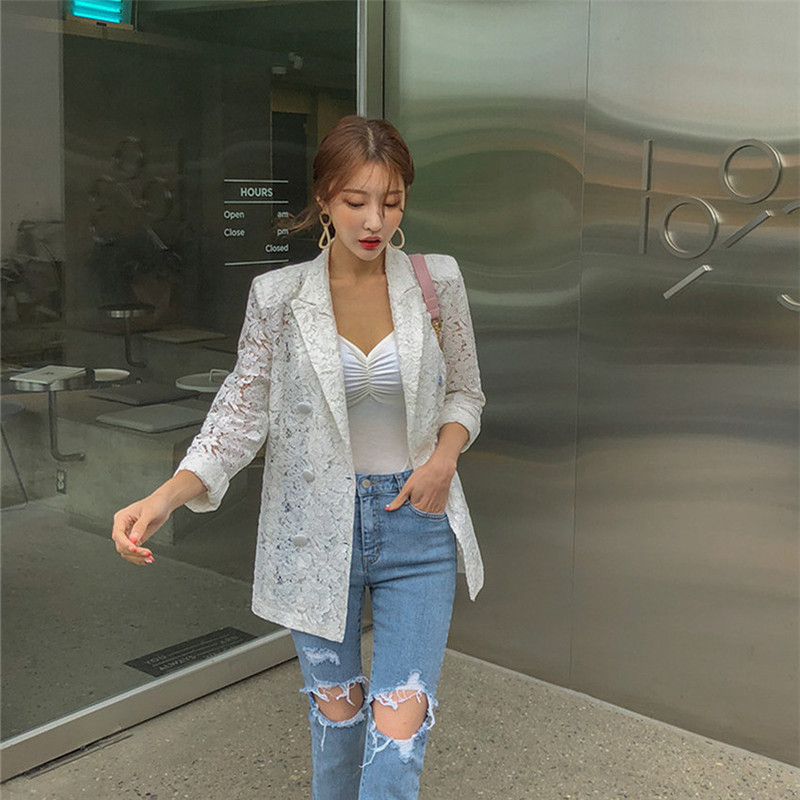 Double-breasted Sunscreen Lace Blazers Women Summer Office Lady Solid Minimalist OL Suit Jacket Tops Plus Size 210421