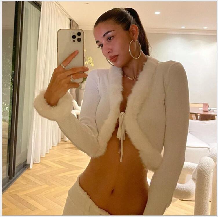 Women's Down & Parkas European And American Style Autumn Pure Color Plush Stitching Lace Cardigan Long-sleeved Top