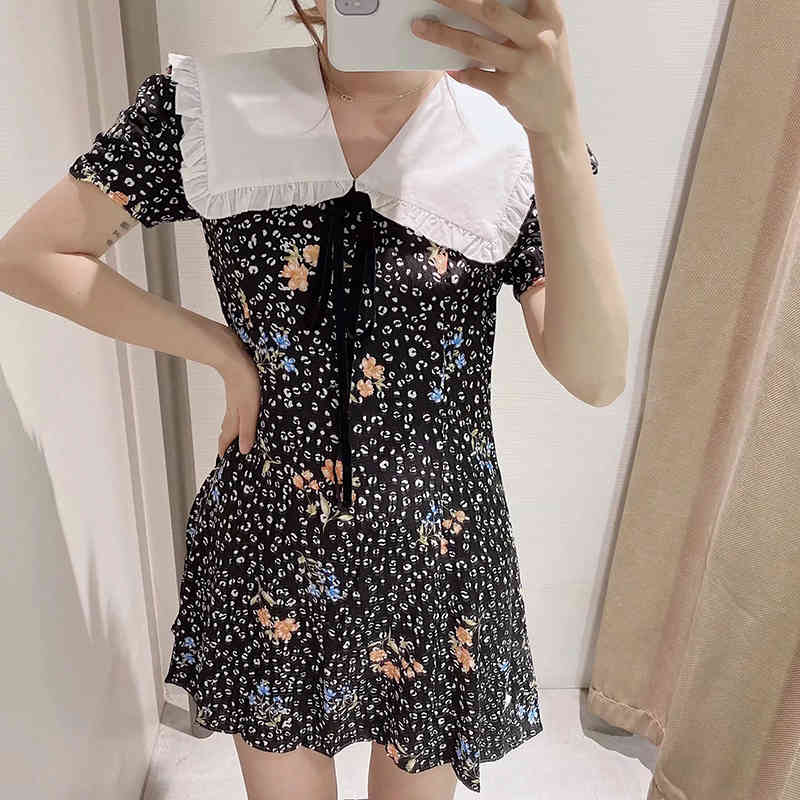Fashion Women Floral Print Dress Summer Short Sleeve Casual Mini Sailor Collar Bow Tie Sweet es Femme Robe 210515