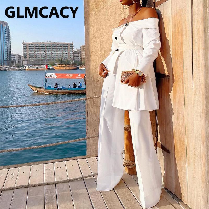 Two Piece Elegant Work Suits Off Shoulder Blazer Top & Regular Pants Set Women's
