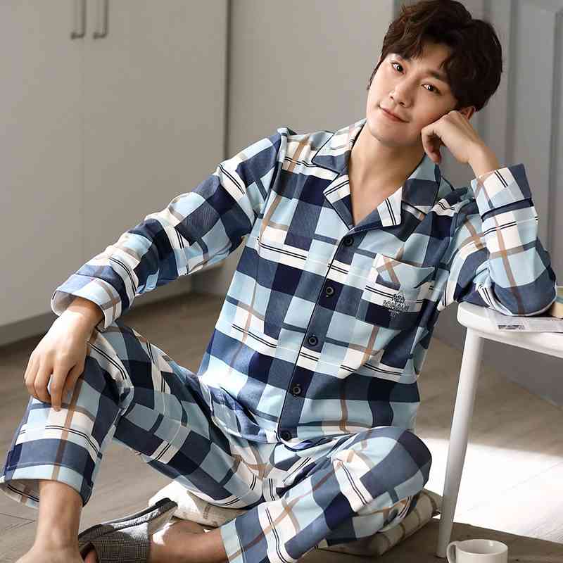 Style Men's Pajamas Set Spring Autumn Warm Cotton men Pajamas Sets Long Sleeve Sleepwear Top +Pant Leisure Wear Cloth 210812
